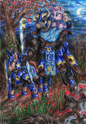 Size: 2297x3306 | Tagged: safe, artist:lubronyr, imported from derpibooru, oc, oc only, earth pony, minotaur, pony, unicorn, armor, crescent moon, female, forest, high res, male, mare, moon, night, riding, stallion, sword, traditional art, trio, weapon