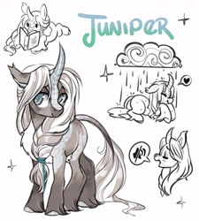 Size: 3302x3663 | Tagged: safe, artist:opalacorn, imported from derpibooru, oc, oc:juniper, kirin, book, cute, eyes closed, heart, kirin oc, kirinbetes, pictogram, rain, reading, simple background, smiling, solo, sparkles, white background