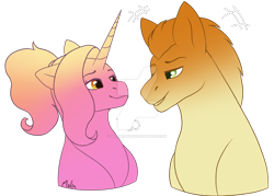 Size: 1280x916 | Tagged: safe, artist:malinraf1615, imported from derpibooru, gallop j. fry, luster dawn, pony, deviantart watermark, female, lusterfry, male, obtrusive watermark, older, shipping, simple background, straight, transparent background, watermark