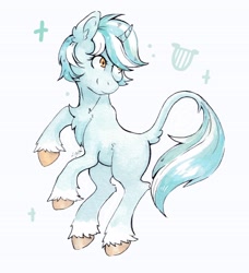 Size: 3352x3672 | Tagged: safe, artist:lightisanasshole, imported from derpibooru, lyra heartstrings, pony, unicorn, chest fluff, colored hooves, curved horn, doodle, female, horn, leonine tail, looking back, raised hoof, raised tail, simple background, solo, stars, tail, traditional art, unshorn fetlocks, watercolor painting, white background