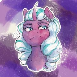 Size: 3536x3536 | Tagged: safe, artist:lightisanasshole, imported from derpibooru, opaline arcana, alicorn, pony, spoiler:g5, spoiler:my little pony: make your mark, abstract background, braid, bust, disapproval, eyebrows, g5, grimace, looking at you, looking down, looking down at you, profile picture, traditional art, watercolor painting