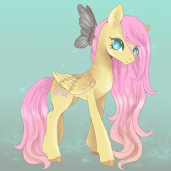 Size: 2048x2048 | Tagged: safe, artist:brot-art, imported from derpibooru, fluttershy, butterfly, pegasus, pony, coat markings, colored hooves, concave belly, dappled, female, folded wings, high res, looking at you, mare, slim, solo, standing, sternocleidomastoid, stray strand, thin, three quarter view, walking, wings