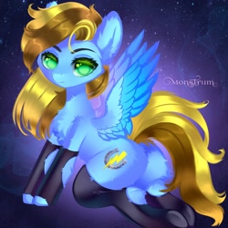 Size: 3000x3000 | Tagged: safe, artist:monstrum, imported from derpibooru, oc, oc only, oc:lucky bolt, pegasus, pony, butt, butt fluff, chest fluff, clothes, cute, ear fluff, fluffy, looking at you, plot, raffle prize, raffle winner, socks, solo, spread wings, wings