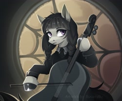 Size: 3543x2953 | Tagged: safe, artist:buvanybu, imported from derpibooru, octavia melody, earth pony, pony, bow (instrument), braid, cello, clothes, cosplay, costume, crossover, dress, musical instrument, ponified, solo, the addams family, wednesday (series), wednesday addams