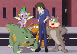 Size: 3780x2657 | Tagged: safe, artist:culu-bluebeaver, imported from derpibooru, spike, dinosaur, dog, dragon, human, reptile, stegosaurus, undead, vampire, anime, bounty hunter, buffy the vampire slayer, bulldog, cowboy bebop, digital, digital art, don bluth, group, namesake, pun, rugrats, spike (buffyverse), spike (rugrats), spike (the land before time), spike bulldog, spike spiegel, street, the land before time, tom and jerry, vector, visual pun, winged spike, wings