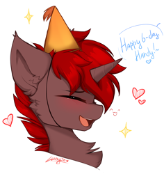 Size: 3500x3700 | Tagged: safe, artist:lunylin, imported from derpibooru, oc, oc:hardy, alicorn, pony, birthday, birthday gift, blushing, bust, chest fluff, ear fluff, eyes closed, hat, male, party hat, smiling, solo, stallion