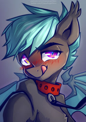 Size: 935x1323 | Tagged: safe, artist:chaosangeldesu, imported from derpibooru, oc, bat pony, pony, bat pony oc, bat wings, blushing, bust, collar, cute, male, portrait, smiling, solo, stallion, tongue out, wings