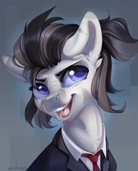 Size: 2200x2717 | Tagged: safe, artist:mithriss, imported from derpibooru, oc, oc only, pony, zebra, clothes, commission, costume, female, mare, neck fluff, necktie, open mouth, open smile, simple background, smiling, solo, sternocleidomastoid, suit, teeth, tuxedo