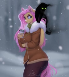 Size: 895x1000 | Tagged: safe, artist:evehly, imported from derpibooru, fluttershy, anthro, cat, pegasus, black cat, breasts, busty fluttershy, catified, clothes, coffee, curvy, duo, ear cleavage, female, hourglass figure, implied king sombra, jacket, nail polish, nails, species swap, sweater, sweatershy, walking, wide hips, wings, winter jacket