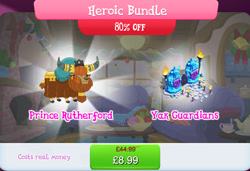 Size: 1259x860 | Tagged: safe, imported from derpibooru, prince rutherford, yak, bundle, cloven hooves, costs real money, crystal, ear piercing, earring, english, fire, gameloft, hair over eyes, horns, jewelry, male, my little pony: magic princess, numbers, piercing, sale, solo, solo focus, statue, text, torch