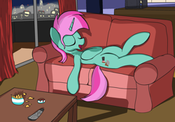 Size: 2000x1400 | Tagged: safe, alternate version, artist:amateur-draw, imported from derpibooru, oc, oc only, oc:belle boue, pony, unicorn, apartment, city, cityscape, couch, curtains, eyes closed, interior, lying down, microwave, night, relaxing, remote, snacks, solo