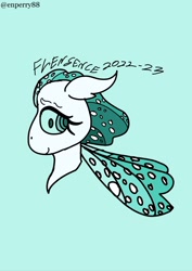 Size: 1536x2173 | Tagged: safe, artist:enperry88, imported from derpibooru, oc, oc only, oc:flensence, changedling, changeling, blue background, changeling oc, cyan background, cyan eyes, female, horn, kelpie eyes, little horn, looking at you, redesign, simple background, sparkles, wings
