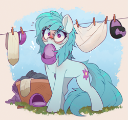 Size: 1509x1414 | Tagged: safe, artist:rexyseven, imported from derpibooru, oc, oc only, oc:whispy slippers, earth pony, pony, blushing, blushing profusely, clothes, clothes line, clothespin, embarrassed, embarrassed nude exposure, female, glasses, mare, nudity, open mouth, slippers, socks, solo, we don't normally wear clothes, wet clothes