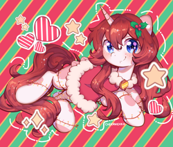 Size: 6058x5149 | Tagged: safe, artist:cherrnichka, imported from derpibooru, oc, oc only, oc:nokori, alicorn, pony, alicorn oc, christmas, christmas lights, commission, ethereal mane, female, holiday, holly, horn, solo, starry mane, striped background, wings, ych result