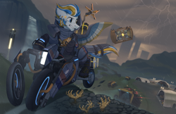 Size: 3000x1938 | Tagged: safe, artist:trickate, imported from derpibooru, oc, oc only, oc:alan techard, oc:trickate, pegasus, pony, companion cube, death stranding, male, motorcycle, portal (valve), rain, solo, stallion, truck, vehicle