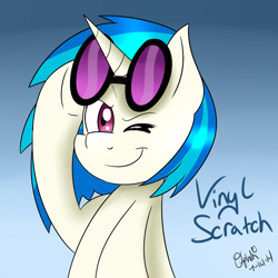 Size: 1000x1000 | Tagged: safe, artist:nyctophelia, imported from derpibooru, dj pon-3, vinyl scratch, pony, unicorn, female, glasses, mare, one eye closed, solo, vinyl's glasses, wink