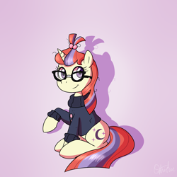 Size: 3000x3000 | Tagged: safe, artist:nyctophelia, imported from derpibooru, moondancer, pony, unicorn, clothes, cute, dancerbetes, drop shadow, female, glasses, gradient background, high res, looking at you, mare, raised hoof, shadow, sitting, smiling, solo, sweater, taped glasses, three quarter view