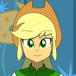 Size: 3840x3840 | Tagged: safe, artist:altynp, imported from derpibooru, part of a set, applejack, human, equestria girls, bust, eyebrows, eyebrows visible through hair, female, high res, portrait, smiling, solo