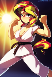 Size: 512x768 | Tagged: safe, imported from derpibooru, sunset shimmer, human, equestria girls, ai content, ai generated, big breasts, breasts, busty sunset shimmer, cleavage, female, generator:novelai, generator:stable diffusion, gi, karate, martial arts, solo