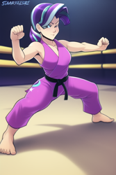 Size: 512x768 | Tagged: safe, imported from derpibooru, starlight glimmer, human, ai content, ai generated, barefoot, feet, female, generator:novelai, generator:stable diffusion, gi, humanized, karate, martial arts, solo