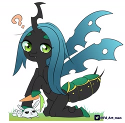 Size: 1857x1827 | Tagged: safe, artist:fd, imported from derpibooru, angel bunny, queen chrysalis, changeling, changeling queen, pony, carrot, food, kneeling, question mark, simple background, solo, white background