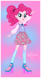 Size: 1600x3032 | Tagged: safe, artist:machakar52, imported from derpibooru, pinkie pie, human, equestria girls, alternate hairstyle, clothes, cutie mark accessory, cutie mark earrings, ear piercing, earring, female, high heels, jewelry, looking at you, piercing, ponytail, school uniform, shoes, skirt, socks, solo, winx club