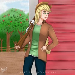 Size: 1024x1024 | Tagged: safe, artist:lencai123, imported from derpibooru, applejack, human, female, gun, humanized, rifle, solo, weapon