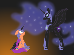 Size: 3888x2894 | Tagged: safe, artist:fizzban08, imported from derpibooru, nightmare moon, sunny starscout, alicorn, earth pony, pony, cosplay, costume, duo, duo female, female, g4, g5, g5 to g4, generation leap, height difference, high res, imminent fangirling, nightmare moon armor, nightmare night costume, nightmare sunny, sitting, slim, standing, tall