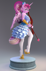 Size: 2500x3800 | Tagged: safe, alternate angle, alternate version, artist:chyvak, imported from derpibooru, princess cadance, alicorn, anthro, 3d, big breasts, blender, blender cycles, bow (weapon), breasts, busty princess cadance, clothes, dress, female, garter belt, garter straps, smiling, solo, stockings, thigh highs