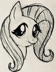 Size: 2297x2962 | Tagged: safe, artist:missmccloud, imported from derpibooru, fluttershy, pegasus, pony, bust, female, grayscale, looking at you, mare, monochrome, portrait, sketch, smiling, solo