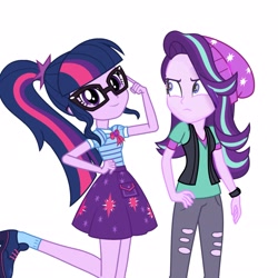 Size: 2289x2289 | Tagged: safe, imported from derpibooru, sci-twi, starlight glimmer, twilight sparkle, human, equestria girls, equestria girls series, mirror magic, spoiler:eqg specials, duo, simple background, starlight glimmer is not amused, unamused, white background
