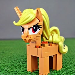 Size: 512x512 | Tagged: safe, imported from derpibooru, applejack, earth pony, pony, a lego pony that looks like applejack, ai content, ai generated, generator:stable diffusion, grass, grass field, lego, lego pony, looking at you, missing accessory, missing cutie mark, solo