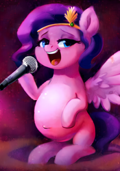 Size: 896x1280 | Tagged: safe, imported from derpibooru, pipp petals, pegasus, pony, adorapipp, ai content, ai generated, cute, g5, microphone, pipp preggo, pregnant, singing, solo