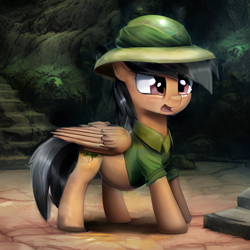 Size: 1024x1024 | Tagged: safe, imported from derpibooru, daring do, pegasus, pony, ai content, ai generated, daring do costume, outdoors, pregnant, solo