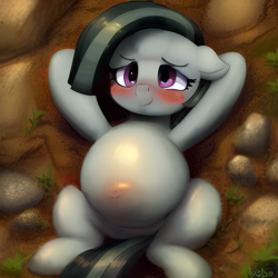 Size: 1024x1024 | Tagged: safe, imported from derpibooru, marble pie, earth pony, pony, ai content, ai generated, blushing, embarrassed, lying down, on back, pregnant, solo