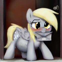 Size: 1024x1024 | Tagged: safe, imported from derpibooru, derpy hooves, pegasus, pony, ai content, ai generated, blushing, letter, mouth hold, pregnant, solo, sweat