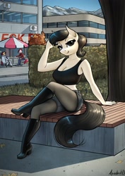 Size: 2896x4096 | Tagged: safe, artist:apocheck13, imported from derpibooru, oc, oc:elya, anthro, earth pony, bench, crossed legs, earth pony oc, female, looking at you, park, park bench, solo