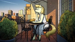 Size: 3840x2160 | Tagged: safe, artist:apocheck13, imported from derpibooru, oc, oc only, anthro, earth pony, unguligrade anthro, balcony, chair, city, commission, earth pony oc, female, hand on chin, mug, sitting, solo, sunlight, table