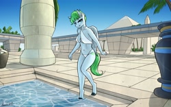 Size: 4096x2560 | Tagged: safe, artist:apocheck13, imported from derpibooru, morning dew, oc, anthro, pegasus, unguligrade anthro, bikini, bocas top, breasts, cleavage, clothes, egypt, female, looking at you, poolside, pyramid, solo, swimsuit