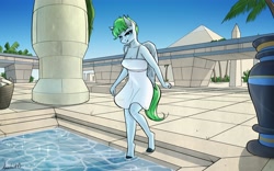Size: 4096x2560 | Tagged: safe, alternate version, artist:apocheck13, imported from derpibooru, morning dew, anthro, pegasus, unguligrade anthro, clothes, egypt, female, looking at you, poolside, pyramid, solo