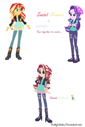 Size: 826x1230 | Tagged: safe, artist:prettycelestia, imported from twibooru, starlight glimmer, sunset shimmer, equestria girls, boots, clothes, fusion, high heel boots, image, jacket, jeans, pants, png, shoes, watch