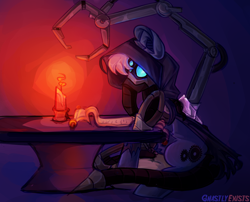 Size: 1920x1554 | Tagged: safe, artist:ghastlyexists, imported from derpibooru, oc, oc only, oc:gear works, cyborg, cyborg pony, pony, fanfic:iron hearts, augmentation, augmented, augmented tail, bionics, candle, cloak, clothes, crossover, dark mechanicus, hood, male, mask, robotic arm, scroll, servo arm, solo, tail, techpriest, warhammer (game), warhammer 40k