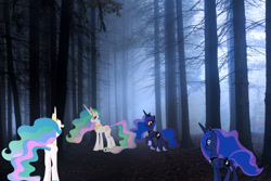 Size: 1600x1067 | Tagged: safe, imported from derpibooru, princess celestia, princess luna, alicorn, pony, butt, clone, crown, female, forest, hoof shoes, irl, jewelry, mare, photo, plot, ponies in real life, red eyes, regalia
