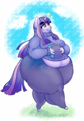Size: 2748x3948 | Tagged: safe, artist:shell-oz, imported from derpibooru, twilight sparkle, anthro, unicorn, adorafatty, bbw, belly, book, cute, fat, female, happy, obese, overweight, simple background, solo, thick, thighs, thunder thighs, twiabetes, twilard sparkle, unicorn twilight, walking, wide hips