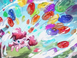 Size: 2160x1620 | Tagged: safe, artist:lendftcn, imported from derpibooru, pinkie pie, pegasus, pony, balloon, female, film grain, floating, high angle, mare, solo, then watch her balloons lift her up to the sky