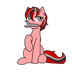 Size: 1280x1280 | Tagged: safe, artist:foxx_grey_art, imported from derpibooru, oc, unicorn, ear piercing, earring, female, jewelry, piercing, red mane, simple background, sitting, solo, white background, wrench