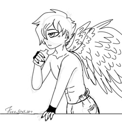 Size: 1200x1200 | Tagged: safe, artist:foxx_grey_art, imported from derpibooru, oc, oc:colin grey, human, pegasus, clothes, gloves, gun, humanized, monochrome, muscles, pants, partial nudity, pegasus oc, topless, weapon, winged humanization, wings