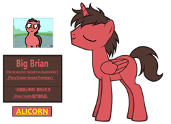 Size: 3774x2754 | Tagged: safe, artist:equestria secret guard, imported from derpibooru, oc, oc only, oc:big brian, alicorn, pony, banned from equestria daily, pony creator, alicorn oc, chinese, eyes closed, horn, male, simple background, solo, stallion, transparent background, wings