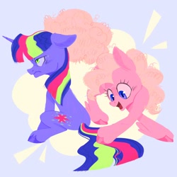 Size: 2048x2048 | Tagged: safe, artist:pastacrylic, imported from derpibooru, pinkie pie, twilight sparkle, earth pony, pony, unicorn, alternate color palette, annoyed, curly hair, ears back, female, floppy ears, freckles, sitting, stubble, unicorn twilight