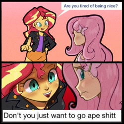 Size: 1084x1080 | Tagged: safe, artist:another_pony, imported from derpibooru, fluttershy, sunset shimmer, human, equestria girls, advice, comic, creepy, dialogue, duo, duo female, female, nervous, smiling, vulgar, wavy mouth